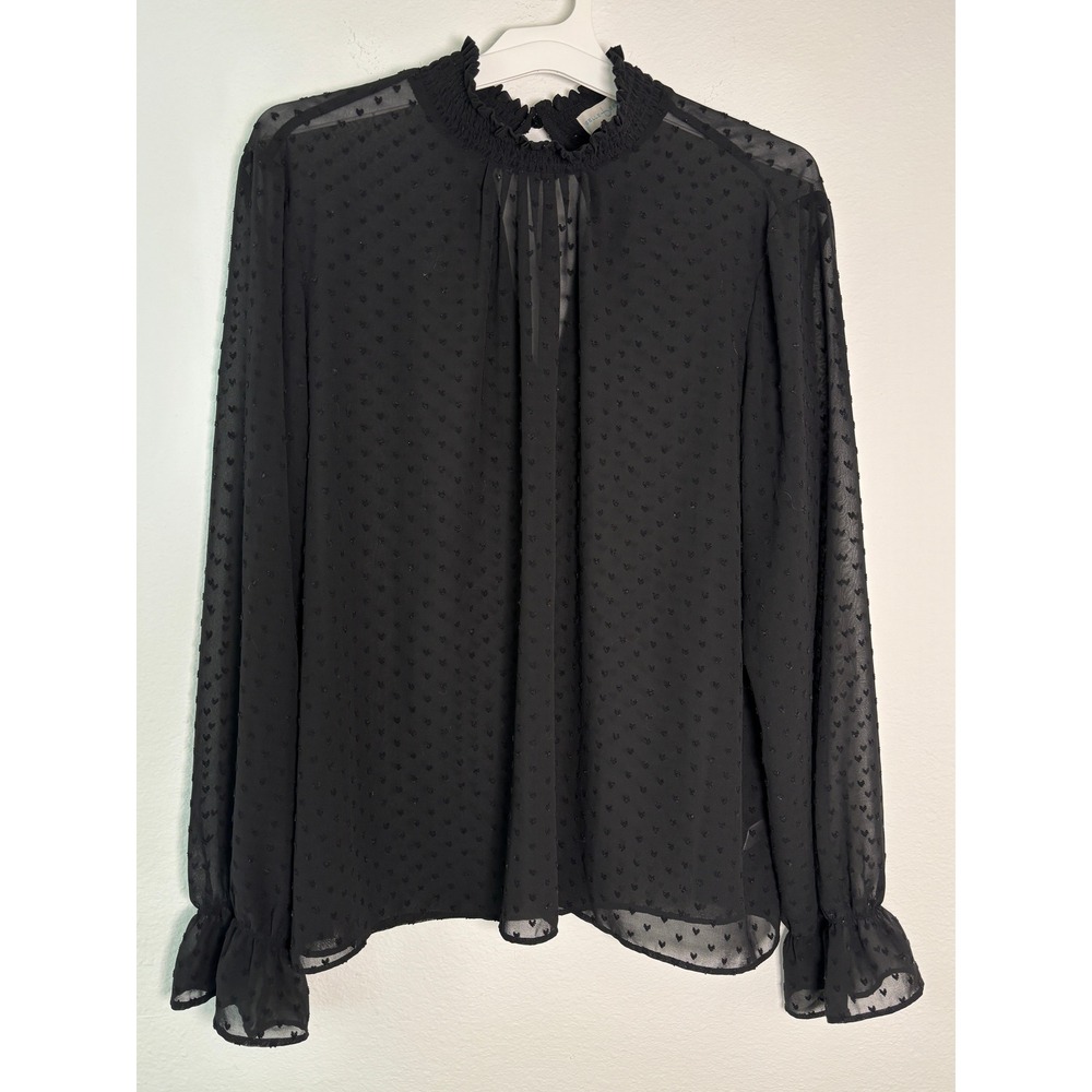 Belle Sky Black Heart Clip Dot Smocked‎ Mock Neck Blouse XXL Long Sleeve Ruffle